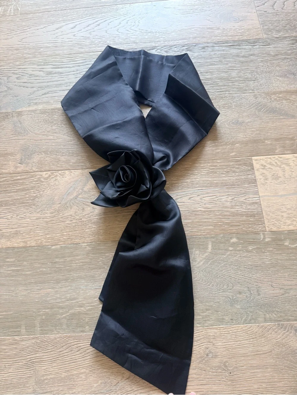 Luisa Spagnoli Black Satin Shawl with Rose Accent